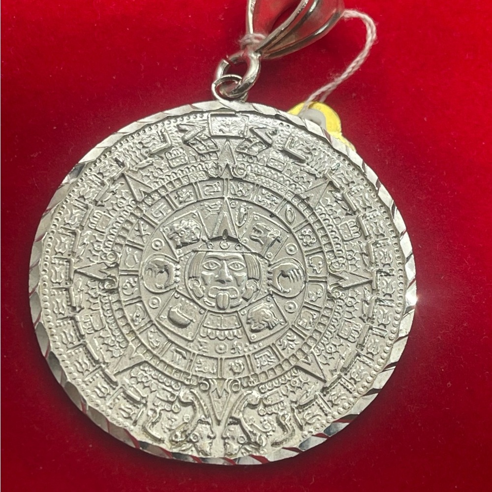 Solid 925 Silver Aztec Mayan Calendar Pendant - image 1